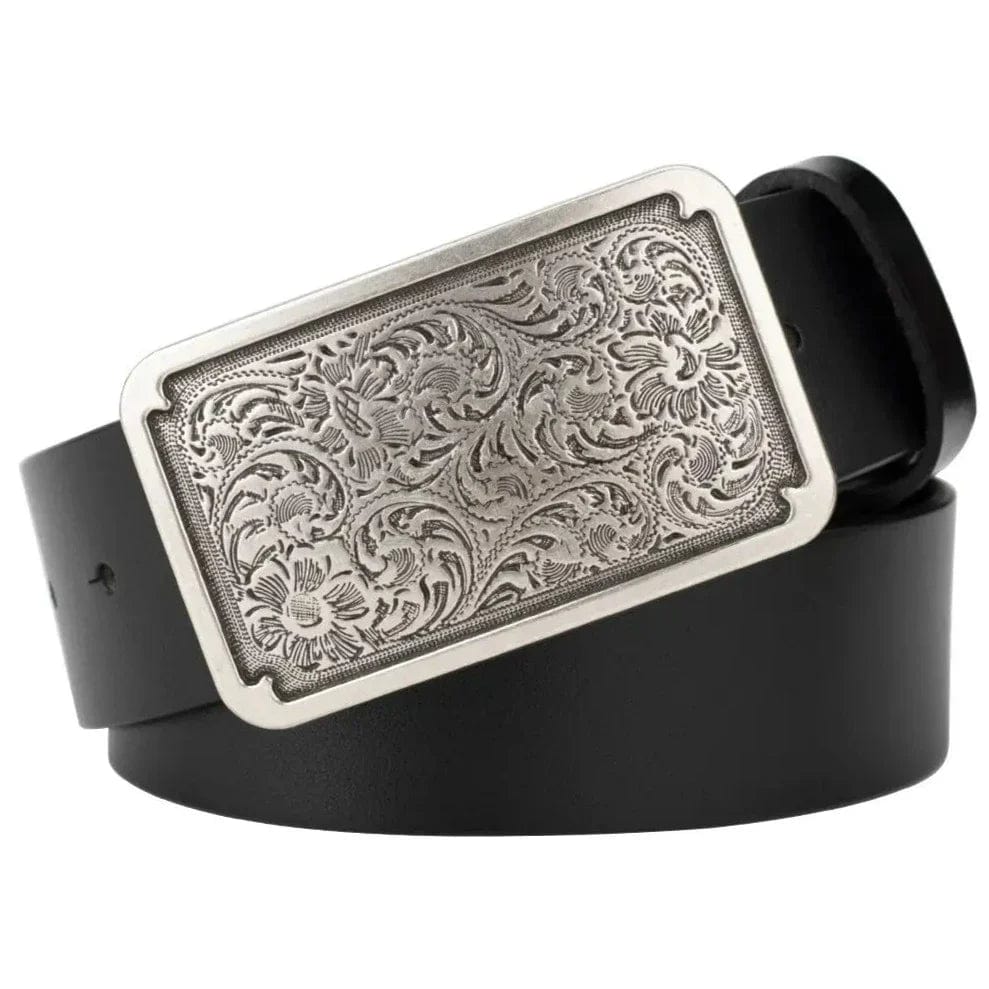 Ceinture Western Femme en Cuir Noir Argentée / 105cm