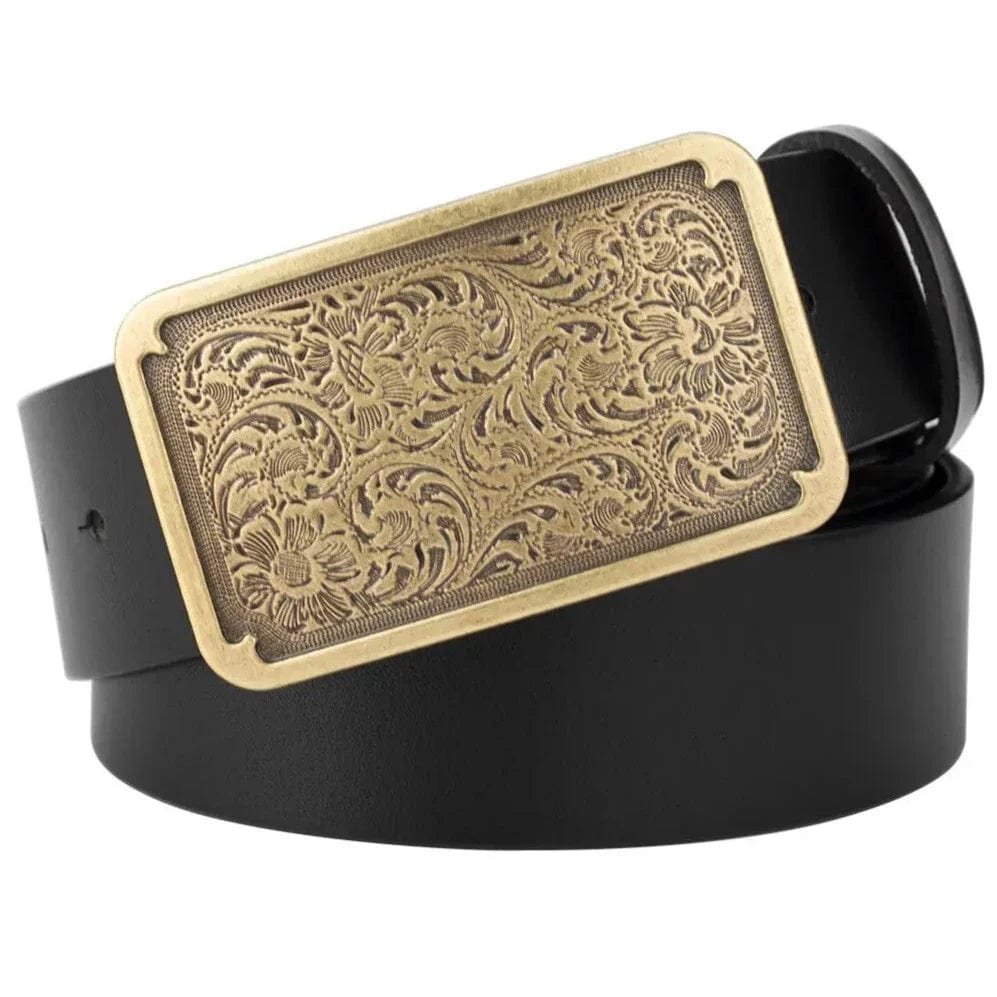 Ceinture Western Femme en Cuir Noir Dorée / 105cm